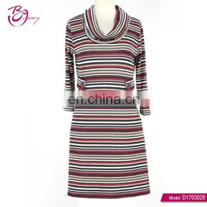 Cowl Neck Stripe Long Sleeve Western Plus Size Ladies Dresses thumbnail-1