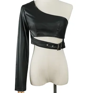 European and American New Style Black Collarless Single Shoulder PU Leather Jacket thumbnail-4