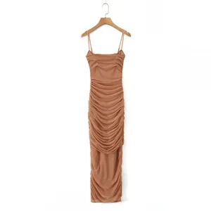 025 New Fashionable Elegant Women's Dress, Stretch Mesh Ruched Long Dress Gown thumbnail-1