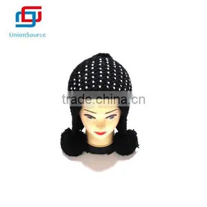 Hot Sale Black Acrylic Knitted Warm Hat for Girls With 3 Balls thumbnail-1