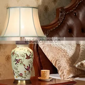 Metal Base In Antique Brass Printing Birds Ceramic Body With Fabric Lampshade Vintage Style Decorative Table Lamp thumbnail-3