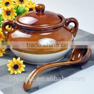 Soup Crock With Spoon,stoneware With Solid Color thumbnail-1