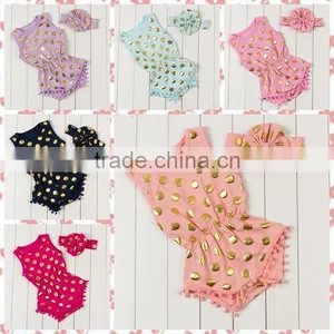 Popular Gold Dot Printed Kids Jumpsuit Harem Pompom Headbands Baby Sleeveless Romper thumbnail-1
