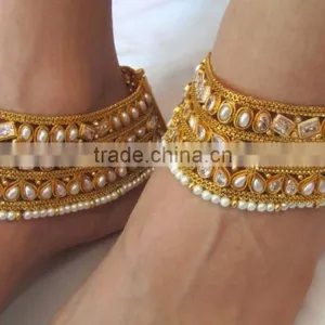 Designer PEARL Polki Payal ANKLETS Pair Feet Bracelet Gold Plated thumbnail-5
