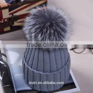 Hot Winter Colorful Snow Caps Wool Knitted Beanie Hat With Real Sliver Fox Fur Pom Poms For Women Men Hip Hop Skullies Cap thumbnail-2