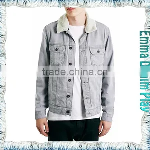 Mens White Grey Denim Jacket in Medium Worn Wash With Fur Collar thumbnail-1