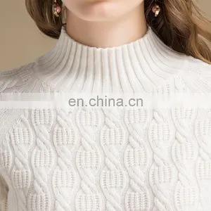 Oversized Women White Color Half Turtleneck Cable Knit Italian Cashmere Sweater thumbnail-2
