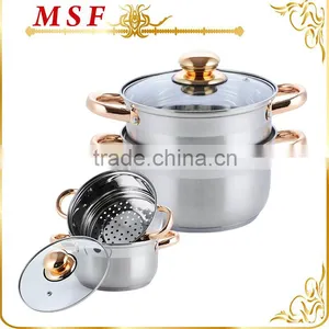 18CM Classical Stainless Steel 2 Layer Steam Pot With Gold Plating Handle & Knob MSF-3179 thumbnail-1