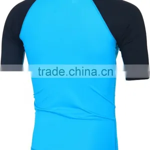 92% Polyester 8% Spandex (Lycra) Plain Cyan Short Sleeves Compression Shirt / Rash Guard With Black Sleeves thumbnail-2