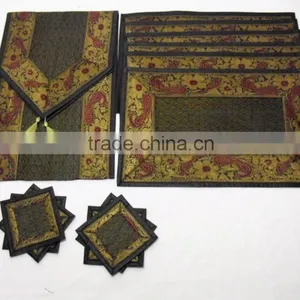 Indian Silk Table Runner With 6 Place Mats & 6 Coaster in Black Color Size 16*62 thumbnail-1