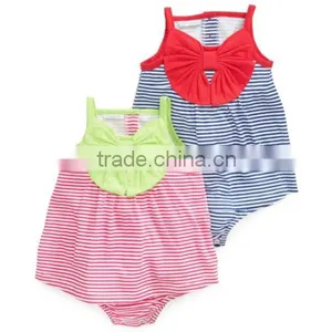 Wholesale China Cotton Babies Girls Sleeveless Stripes Bow Dress Rompers thumbnail-1
