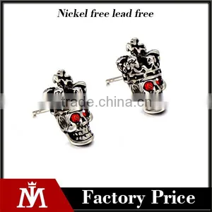 Luxury Red Stone Stainless Steel Silver Jewelry Punk Skull Earrings for Mens thumbnail-1