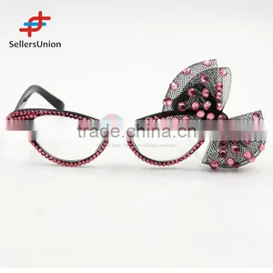 2017 Hottest Sale No.1 Yiwu Export Commission Agent Wholesale Diamante Eye Glasses With Net Bowknot thumbnail-1
