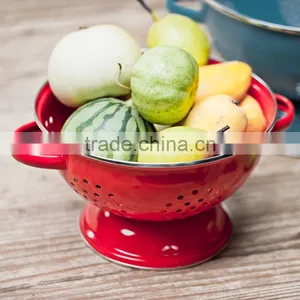 Vintage Enamel Metal Fruit Colander Vegetable Basket Kitchen Strainer With Double Handles thumbnail-1
