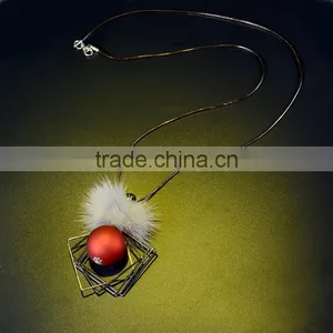 Chunky Ball Metal Square Pendant Necklace Winter Mink Fur Ball Pendant Necklace Geometric Sweater Necklace thumbnail-4