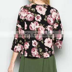 Top Selling Products In Trendy Style Soft Cardi Breezy Black Floral 3/4 Sleeve Knitwear Cardigan thumbnail-2