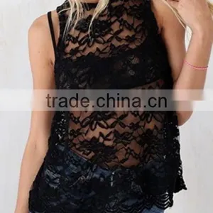 2015 Wholesale Low Price Sleeveless Sheer Lace Cutout Open Split Back See Through Top Vest Blouse thumbnail-4