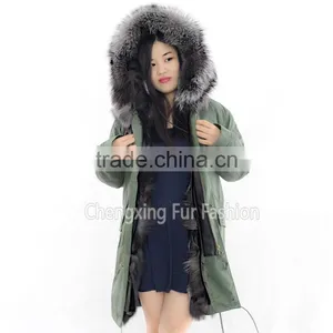 CX-G-P-04 Wholesale Winter Real Silver Fox Fur Lining Army Green Fur Parka Coat thumbnail-2