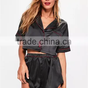 MGOO Embroidered Satin Pajama Set Black Satin Applique Detail Pyjama Set Crop Short Sleeve Button Top With Shorts thumbnail-4