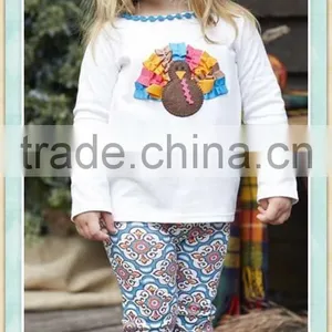Posh Design Thanksgiving Outfits Kids Trendy Children Clothing Long Sleeve Turkey Print Top and Floral Double Ruffle Pants Sets thumbnail-1