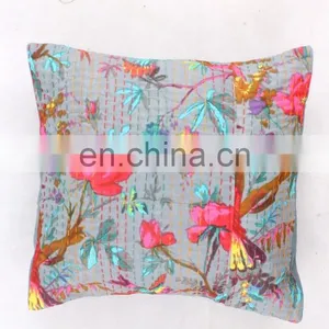 Brown Floral Kantha Cushion Cover Indian Cotton Handmade Pillow Cover Ethnic Art Decorative thumbnail-1