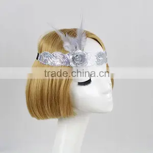 Halloween/Christmas Custom White Flapper Sequin Elastic Feather & Flower Headband thumbnail-1