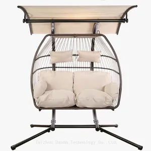 Outdoor 2-Person Patio Hanging Swing Hammock Chair Wicker Egg Chair With Canopy Cover Cushion Living Room Bedroom Courtyard Use thumbnail-1