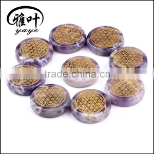 Wholesale Semi-precious Amethyst Stone Engraved Flower of Life Round Palm Stone Quality Choice thumbnail-1