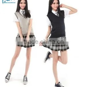Girls Vest Sweater Uniforms Student School Uniform V-neck Cotton Vest Short/Long Sleeve Shirt Plaid Skirt thumbnail-1