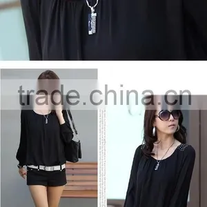 Sexy Women Chiffon Blouses Puff Long Sleeve Lace Shirts Loose O-neck Plus SizeTops thumbnail-3