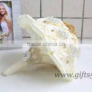 Gold Wedding Bouquet Handmade Flowers Wedding Flowers With Rhinestones thumbnail-3