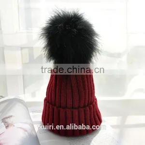 2016 Winter Beanie Real Silver Fox Fur Ball Knitting Hat For Women Black Real Raccoon Fur Ball Skullies thumbnail-3