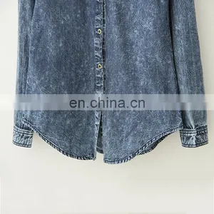 Ladies Simple Design Loose Retro Long Sleeve Denim Shirt thumbnail-3