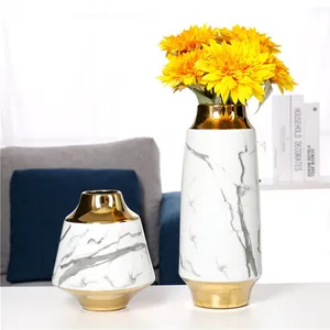 White Marbling Ripple Electroplate Gold Modern Ceramic Flower Vase Decoration Art For Showroom thumbnail-4