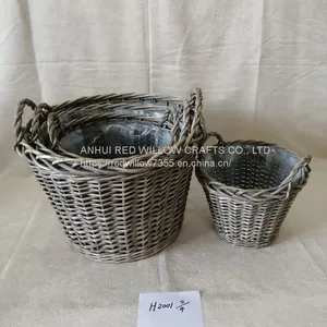 Cheap Storage Grey Painted Willow Basket With Ears and Plastic Liners thumbnail-1