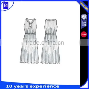 100% Polyester Fabric Pleated Solid Color Dress Ruffles Around V Neck Sleeveless Elastic Waist Elegant Latest Fashion Design thumbnail-3
