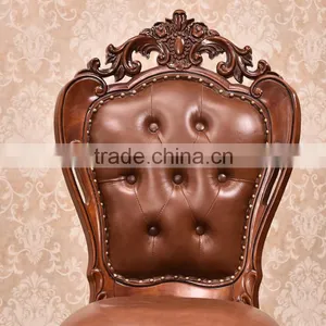 Exquisite European Carving Rubber Wood Genuine Leather Dining Chair in Brown thumbnail-2