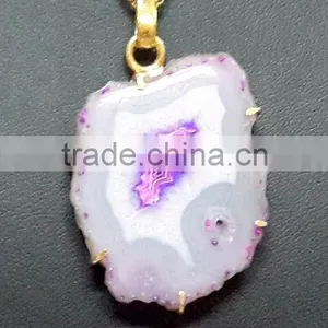 Purple Agate Druzy Gemstone Pendant, Vermeil 925 Sterling Silver Semi Gemstone Pendant, Rough Gemstone Vermeil Pendant thumbnail-1