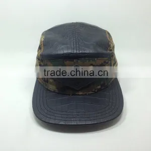High Quality Flat Brim Black Leather 5 Panel Hat With Label thumbnail-1