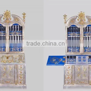 Antique Hand Carved Classic Curio Cupboard Inlaied Seasell Mosaic, Gold Gilding Wooden Display Cabinets With Flowers Paint Motif thumbnail-3