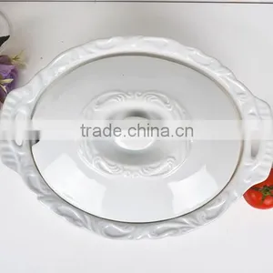 13.5" Oval High Quality White Porcelain Comal With Lid thumbnail-2