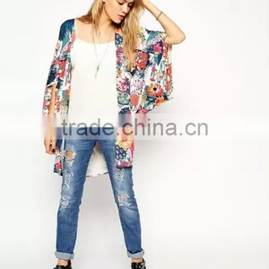 Wholesale Latest Fashion Women Floral Kimono Cardigan Chiffon Blouse Loose Quimono Flower Print Casual Cardigans thumbnail-4