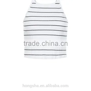 2016 Ladies Sexy White Ribbed Stripe Crop Top HST8040 thumbnail-4