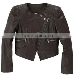 Inclined Zipper PU Casual Jacket Brown thumbnail-1