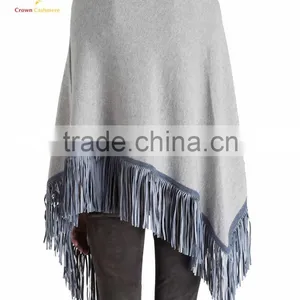 Solid Color Pure Cashmere Poncho Shawl With Tassel thumbnail-3