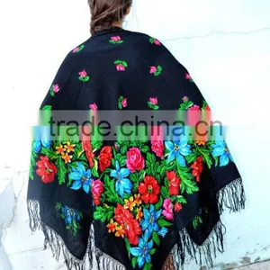 Vintage Ukrainian Shawl,Russian Shawl, Wool Shawl, Tablecloth, Floral Shawl ,Scarf With Tassels, Floral Scarf, Babushka thumbnail-2