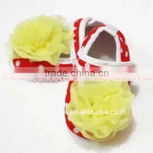 Baby Red White Polka Dots Crib Shoes With Yellow Rosettes thumbnail-1