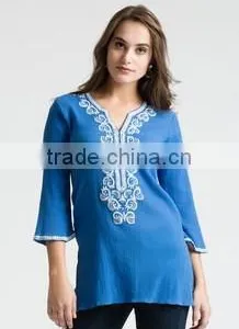 Beautiful Kurti Tunic Womens Embroidered Beach Tunic Tops Blouse Beaded Neckline Kurti for Girls Solid Cotton Viscose Long Beach thumbnail-6