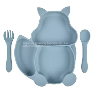 8pcs Food Grade Silicone Baby Feeding Set Baby Plate Bowl Wooden Silicone Spoon Fork Sets thumbnail-1
