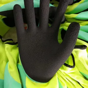 Yellow Polyester 13 Gauge Knitted Foamed Latex Palm Double Coated and Fingers Coated Breathable Work Gloves thumbnail-2